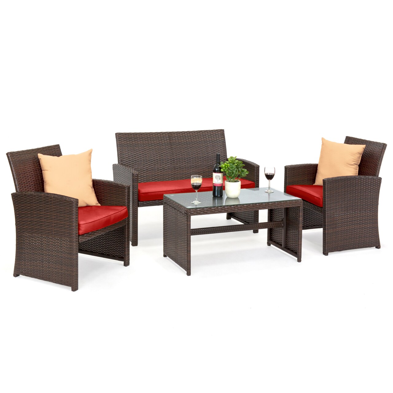 Best Choice Products 4-Piece Outdoor Wicker Patio Conversation Furniture Set w/ Table, Cushions
